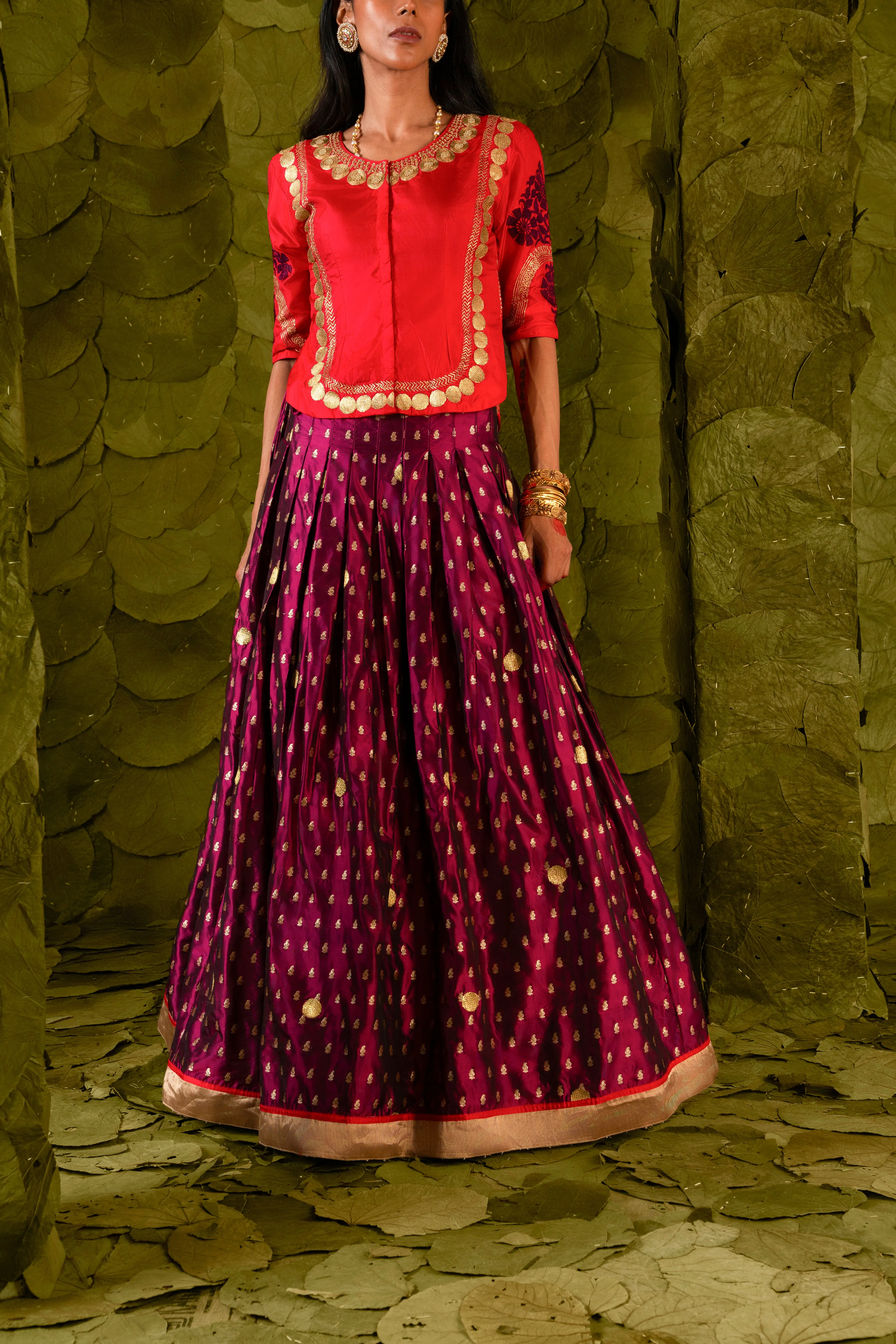 Taṅgi (ತಂಗಿ) Lehenga in Crimson Red and Plum Maroon