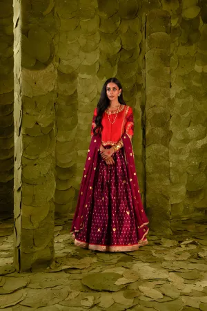 Taṅgi (ತಂಗಿ) Lehenga in Crimson Red and Plum Maroon