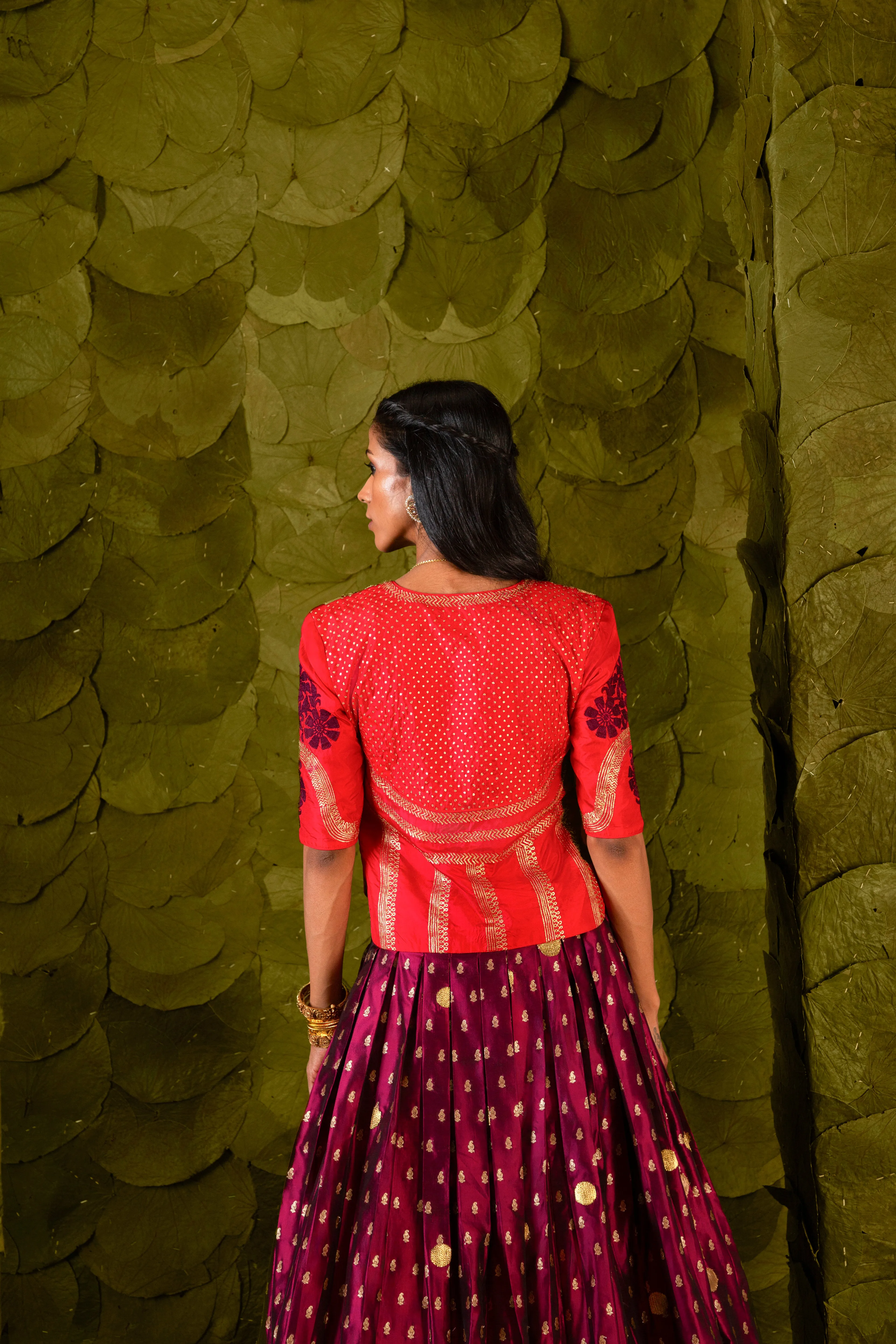 Taṅgi (ತಂಗಿ) Lehenga in Crimson Red and Plum Maroon