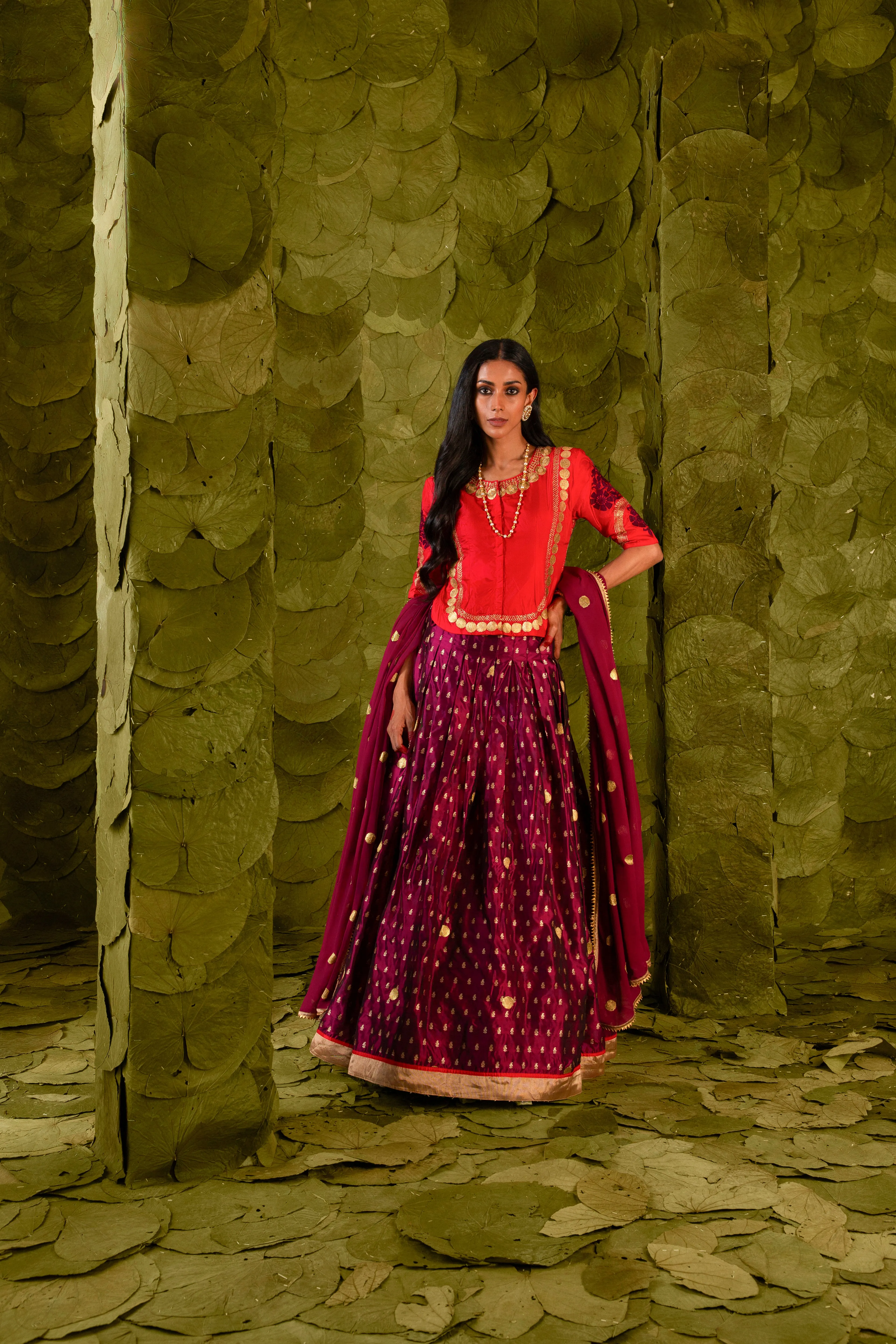 Taṅgi (ತಂಗಿ) Lehenga in Crimson Red and Plum Maroon