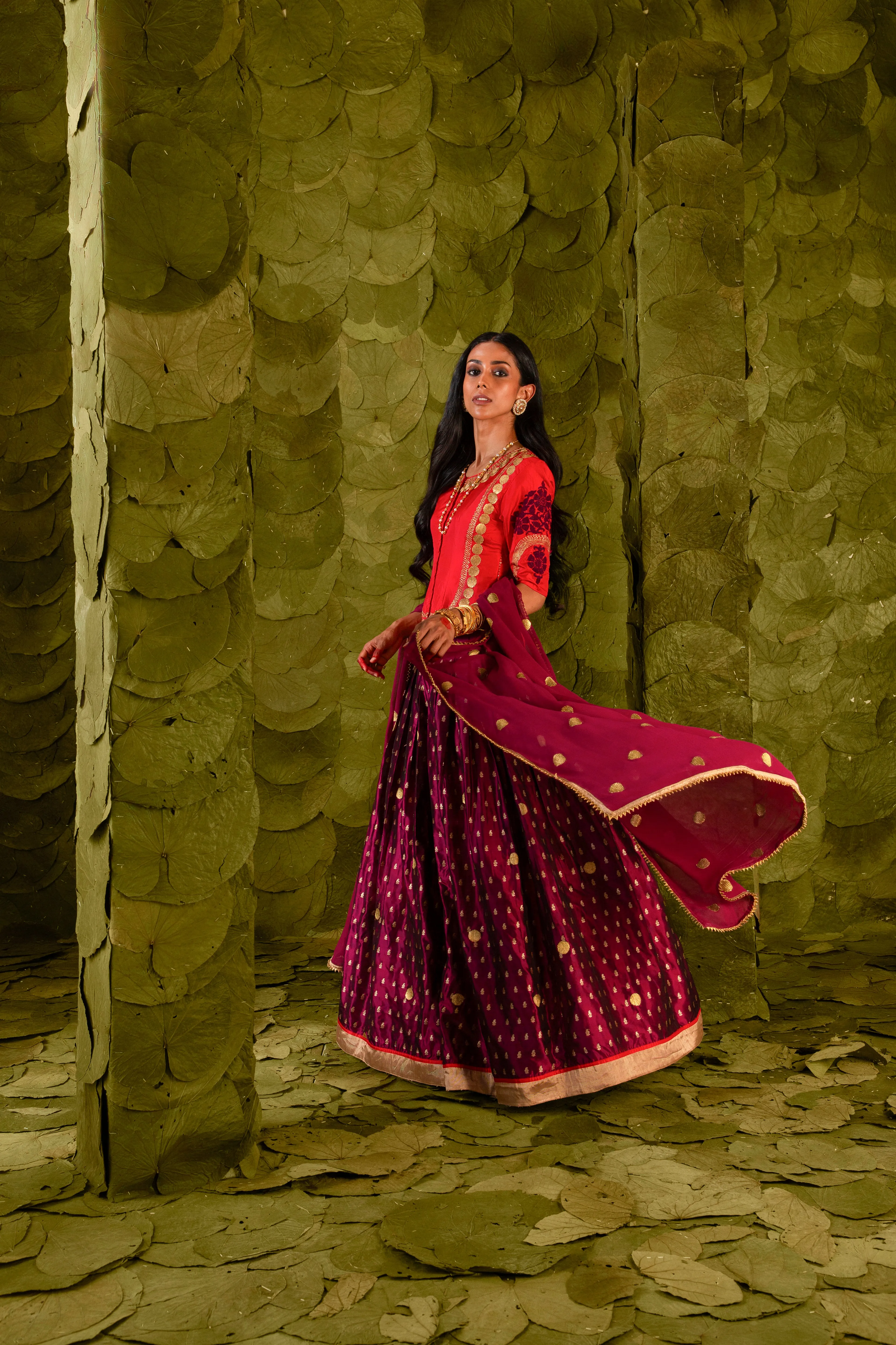 Taṅgi (ತಂಗಿ) Lehenga in Crimson Red and Plum Maroon