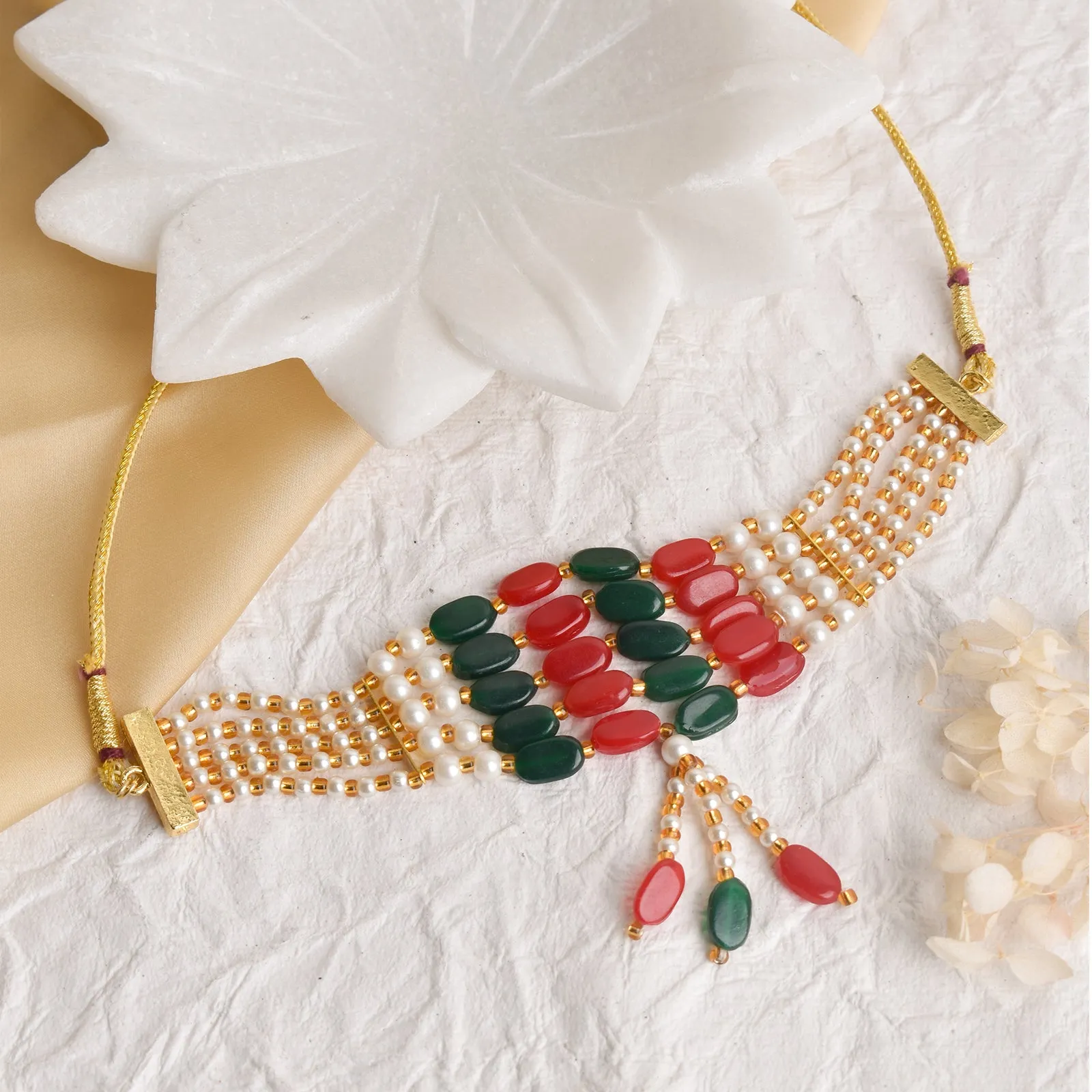 Teejh Amisha Green and red Beaded gold necklace