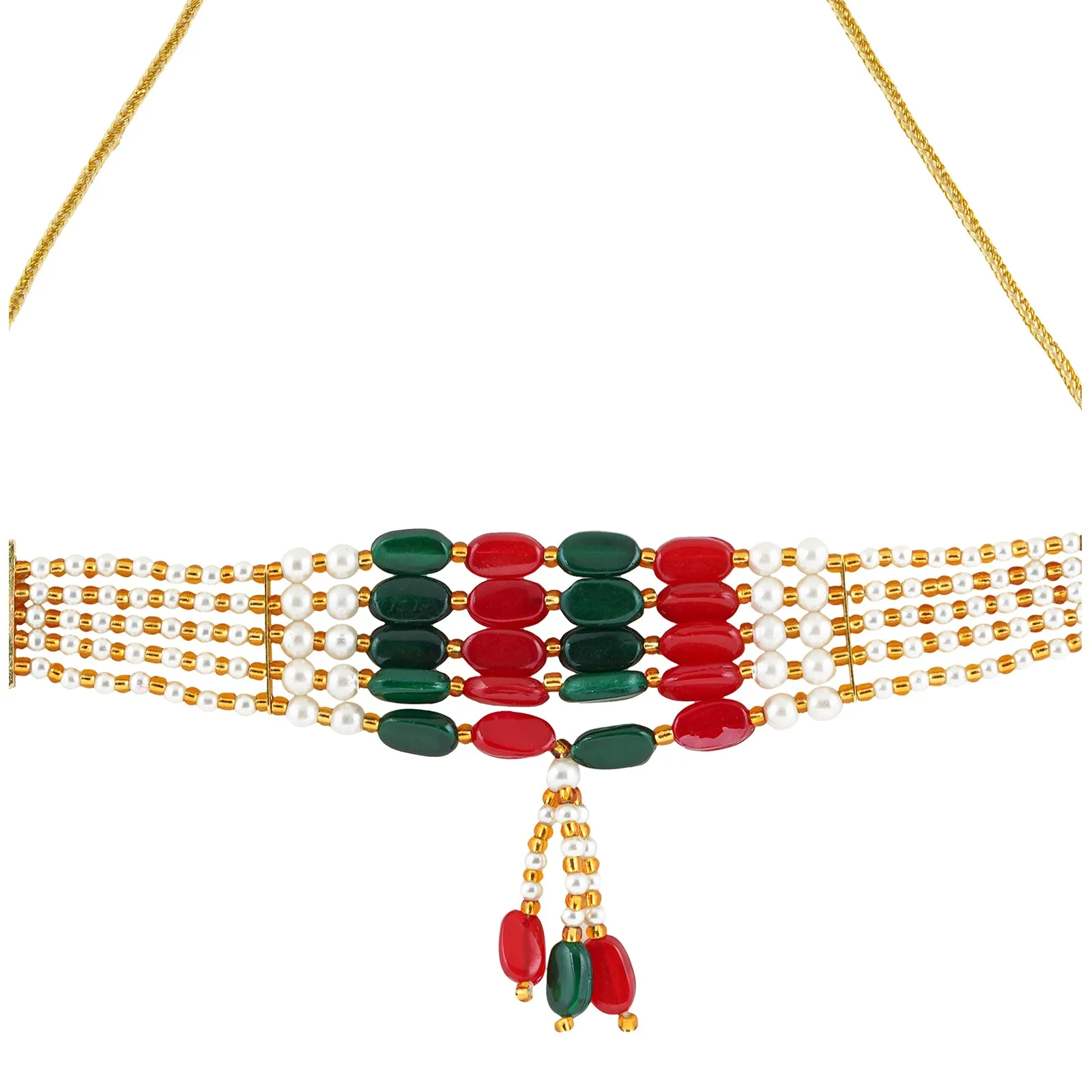 Teejh Amisha Green and red Beaded gold necklace