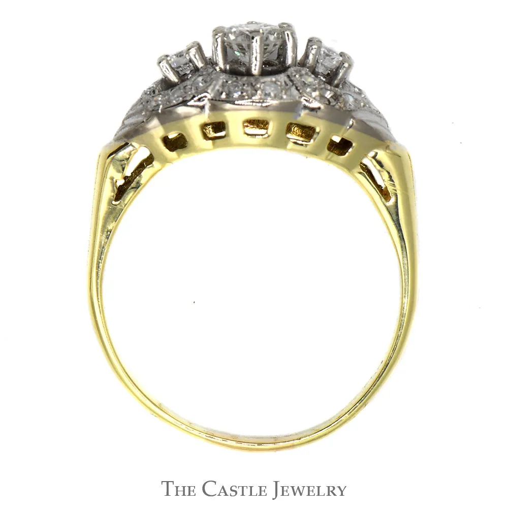 Three Stone Antique Style Diamond Ring with Diamond Accents in 14k Yellow Gold