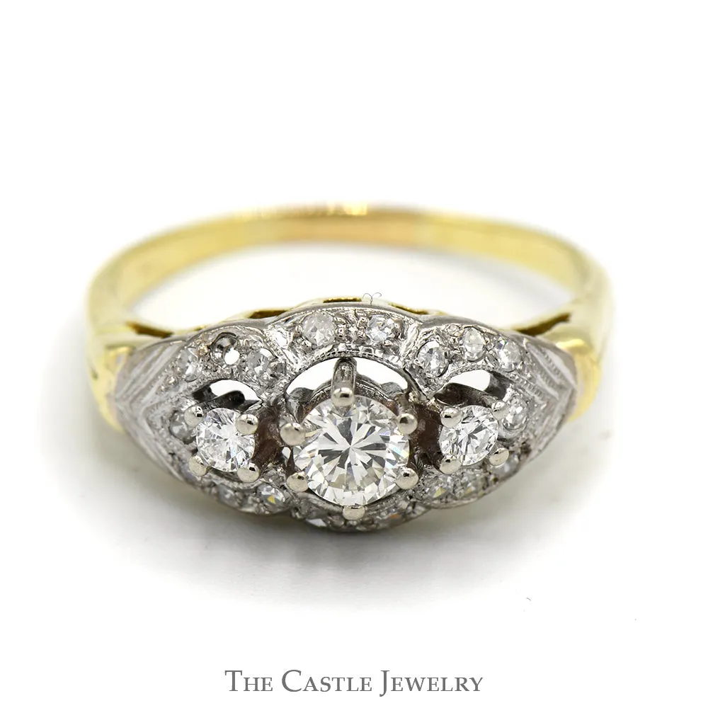 Three Stone Antique Style Diamond Ring with Diamond Accents in 14k Yellow Gold