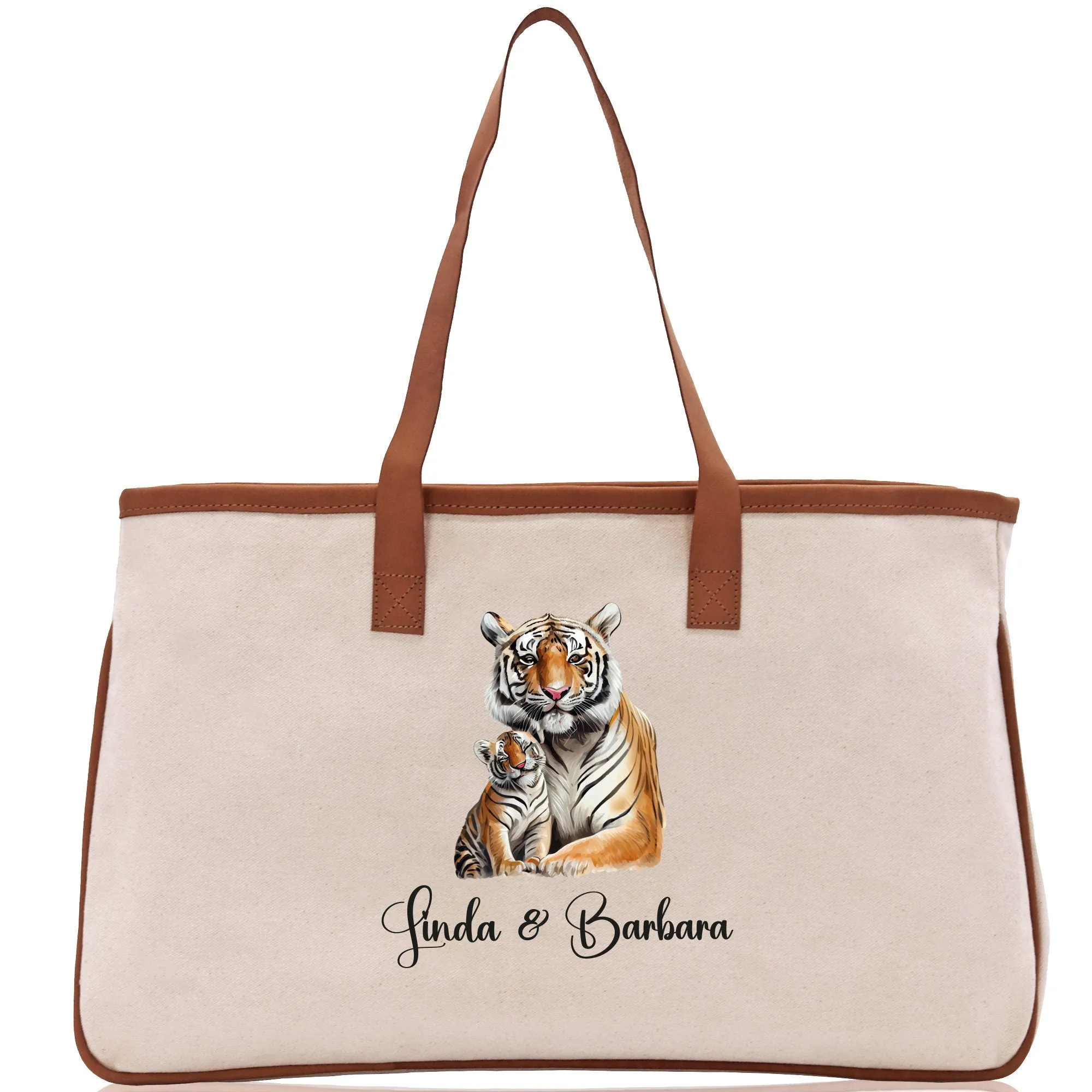 Tiger Mom And Baby Name Custom Cotton Canvas Tote Bag Custom Pet Lover Gift Pet Portrait Bag Personalized Pet Owner Gift Tote Bag