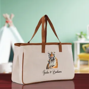 Tiger Mom And Baby Name Custom Cotton Canvas Tote Bag Custom Pet Lover Gift Pet Portrait Bag Personalized Pet Owner Gift Tote Bag