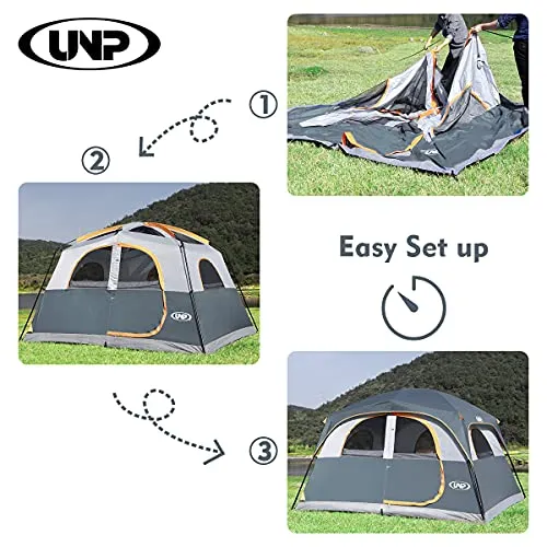 UNP Tents 6 Person Waterproof Windproof Easy Setup, Double Layer, Grey