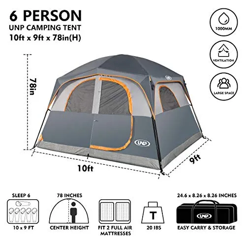 UNP Tents 6 Person Waterproof Windproof Easy Setup, Double Layer, Grey