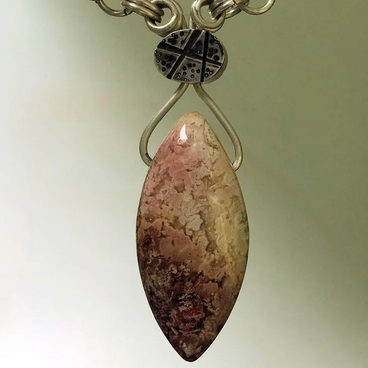 Varisite and feather ridge plume agate with hand made sterling silver chain