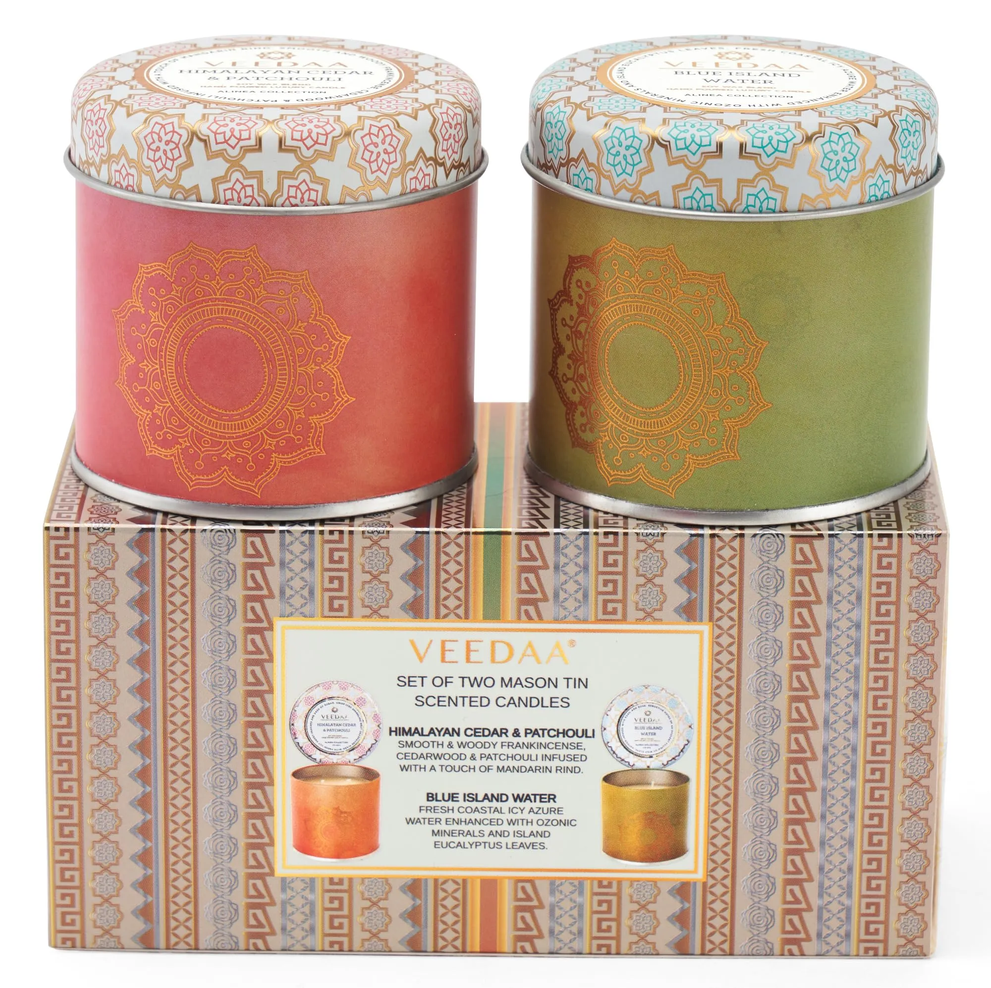 VEEDAA Scented Candles Duo Gift Set 600 gms | Blue Island Water and Himalayan Cedar & Patchouli | 300 gm Each, Soy Wax Eco Friendly