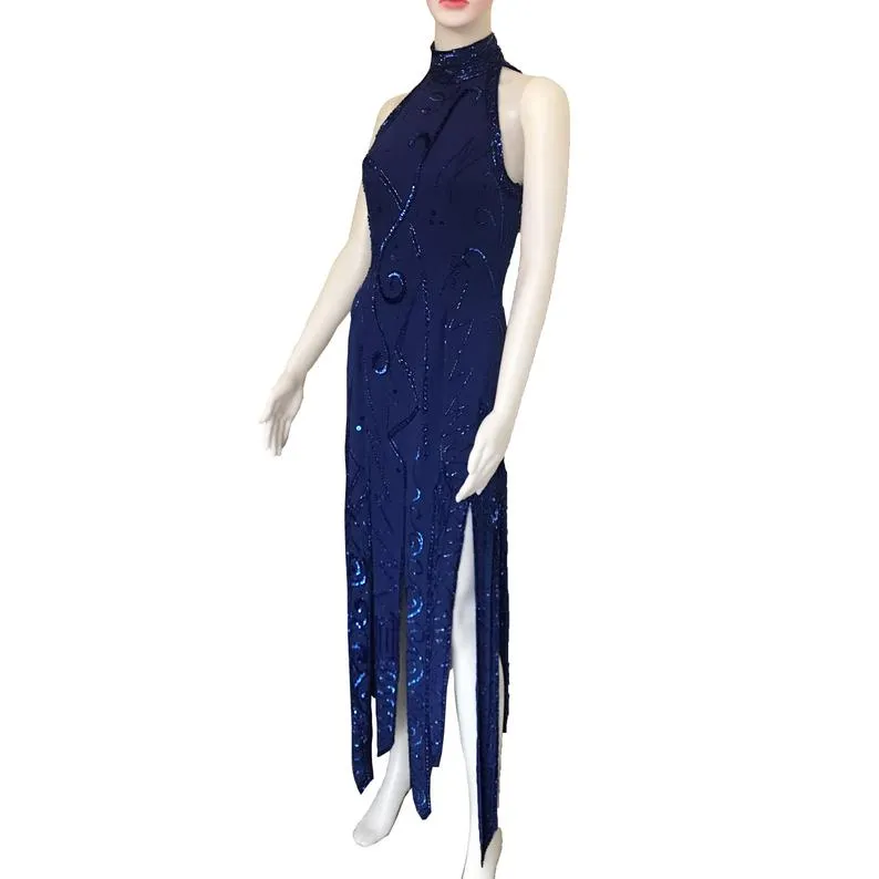 Vintage 1980s Lillie Rubin Blue Sequin Halter Dress