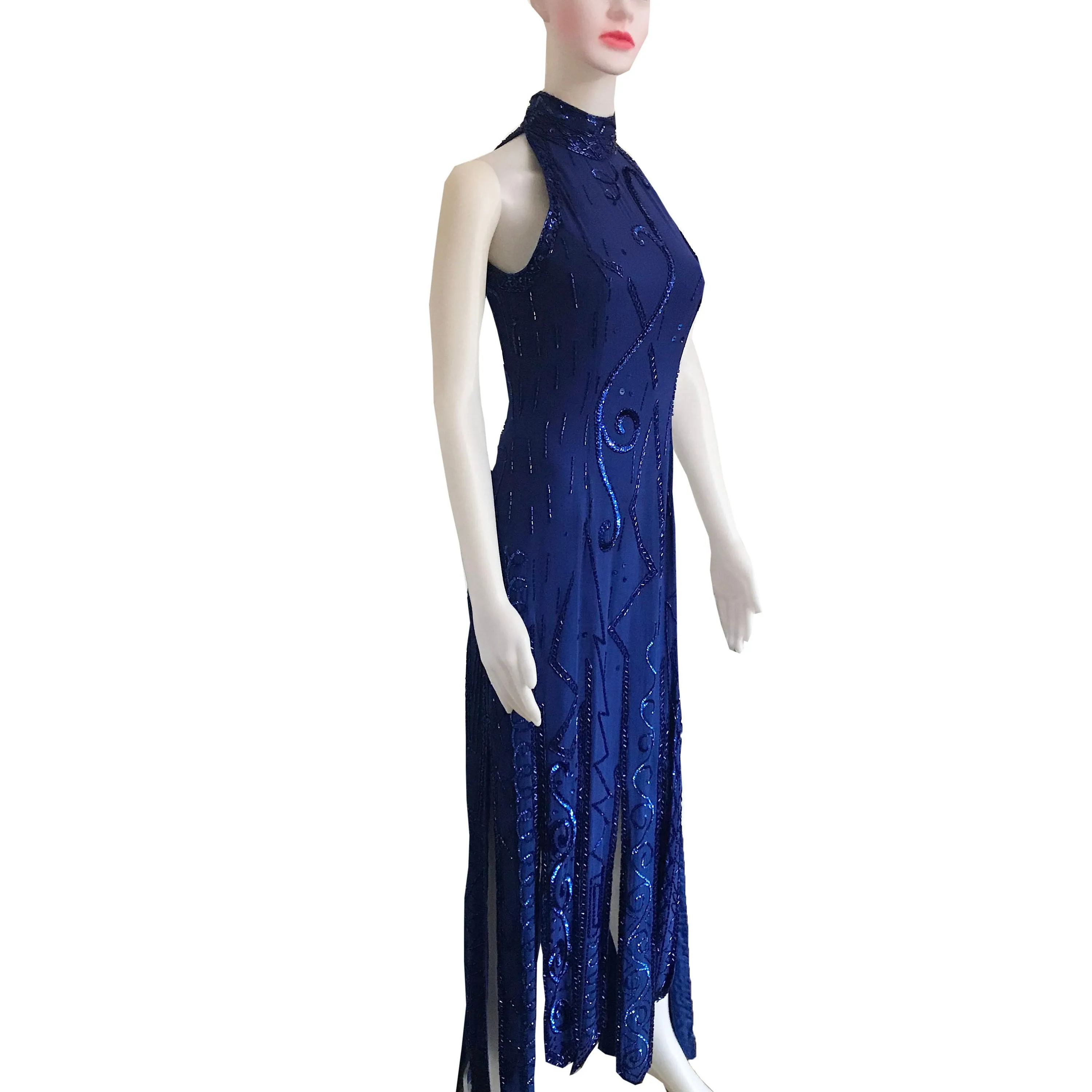 Vintage 1980s Lillie Rubin Blue Sequin Halter Dress