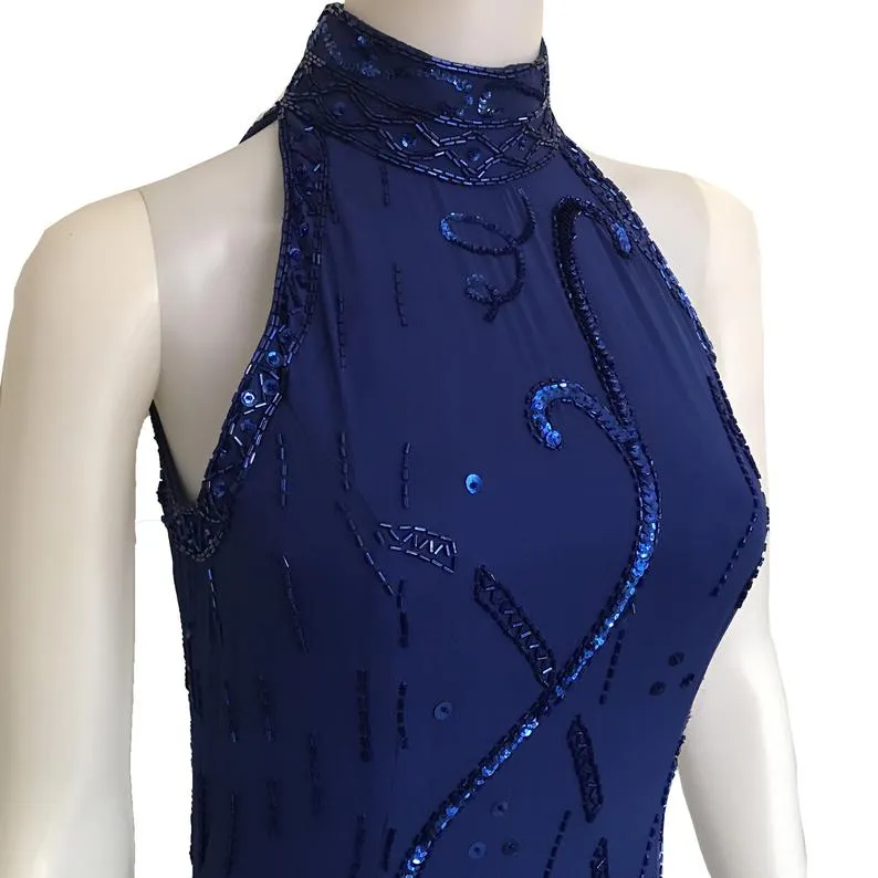 Vintage 1980s Lillie Rubin Blue Sequin Halter Dress