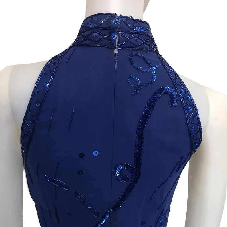 Vintage 1980s Lillie Rubin Blue Sequin Halter Dress