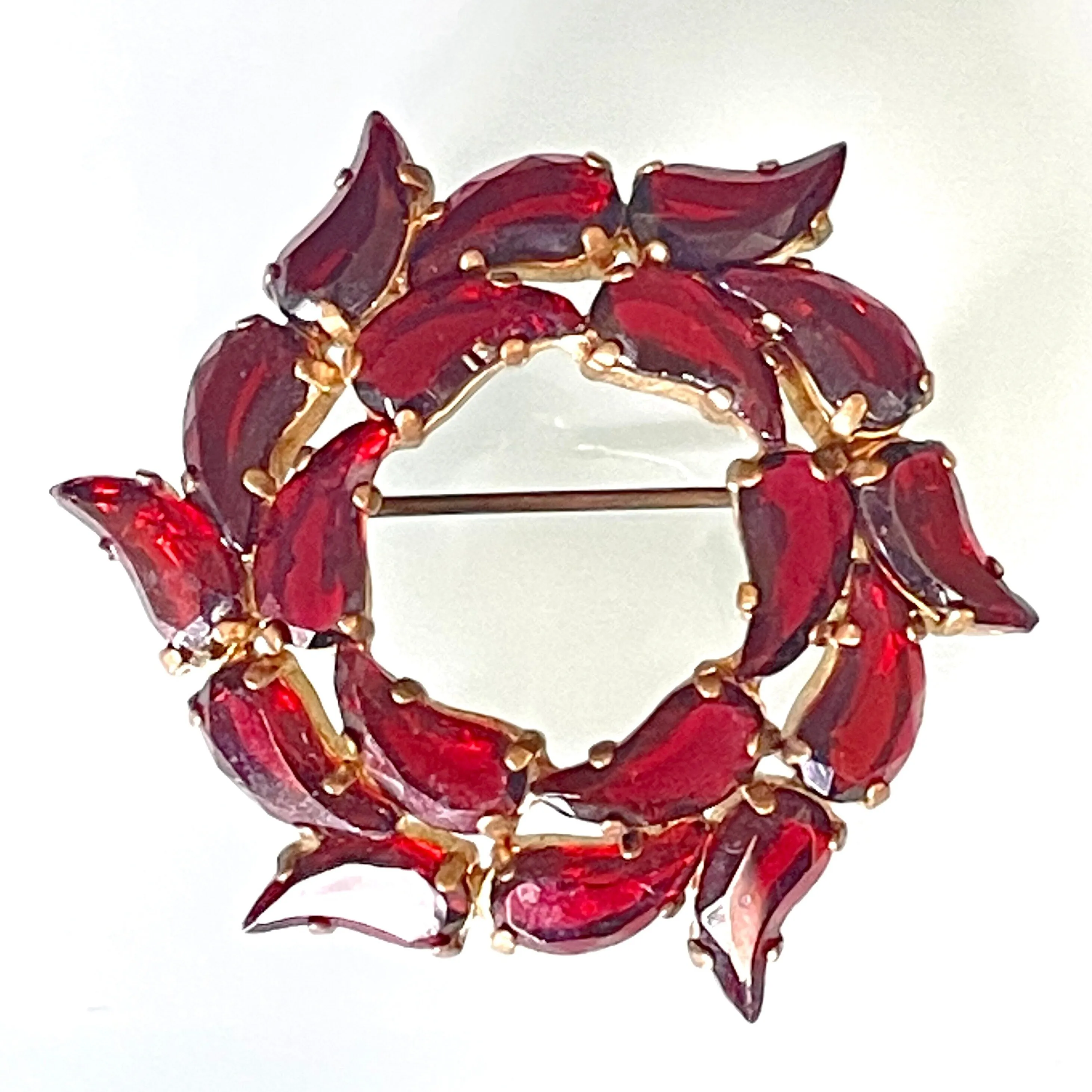 Vintage Art Deco Czech red garnet glass, unusual shaped rhinestone, open-backed, gold tone brooch pin