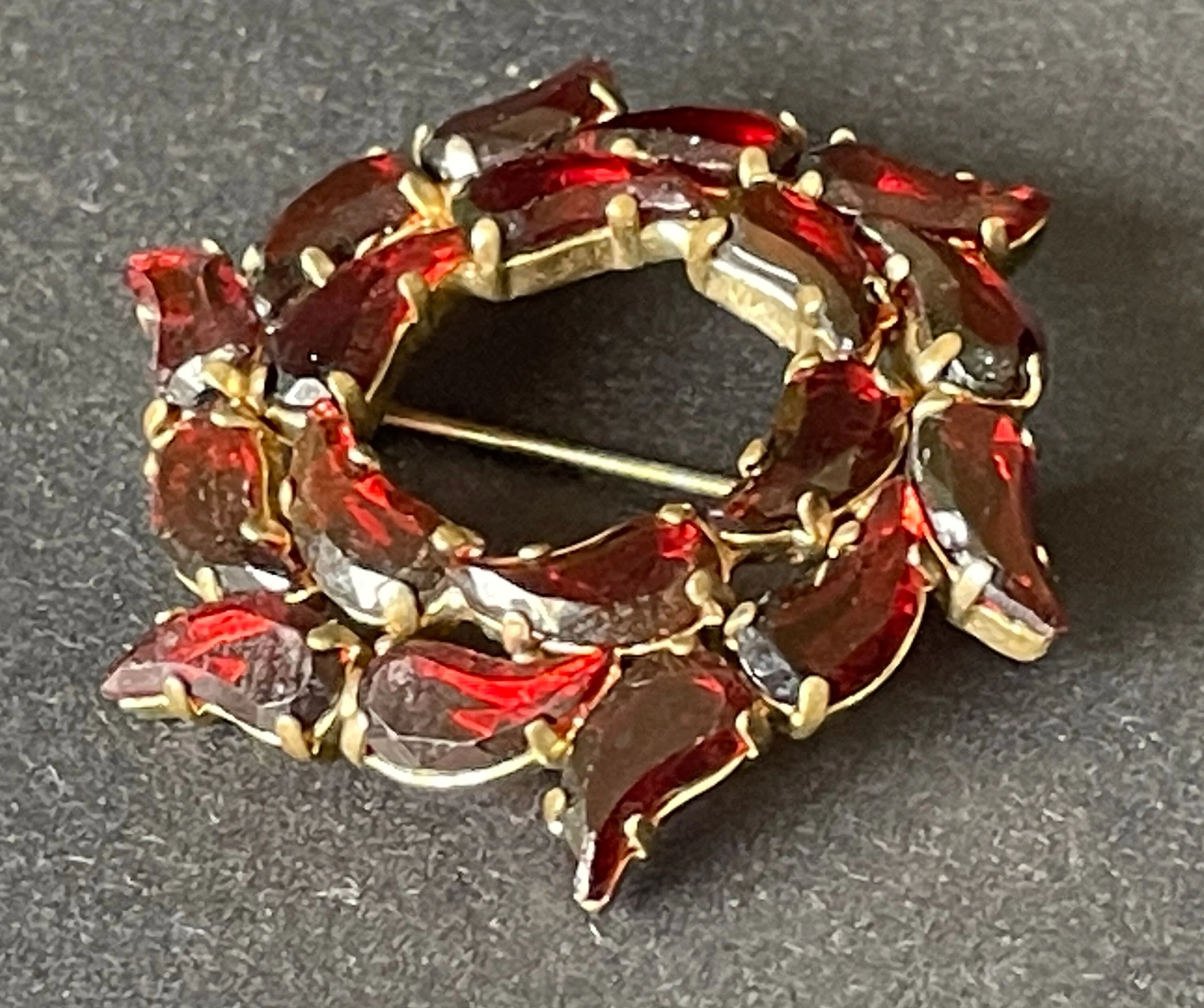 Vintage Art Deco Czech red garnet glass, unusual shaped rhinestone, open-backed, gold tone brooch pin