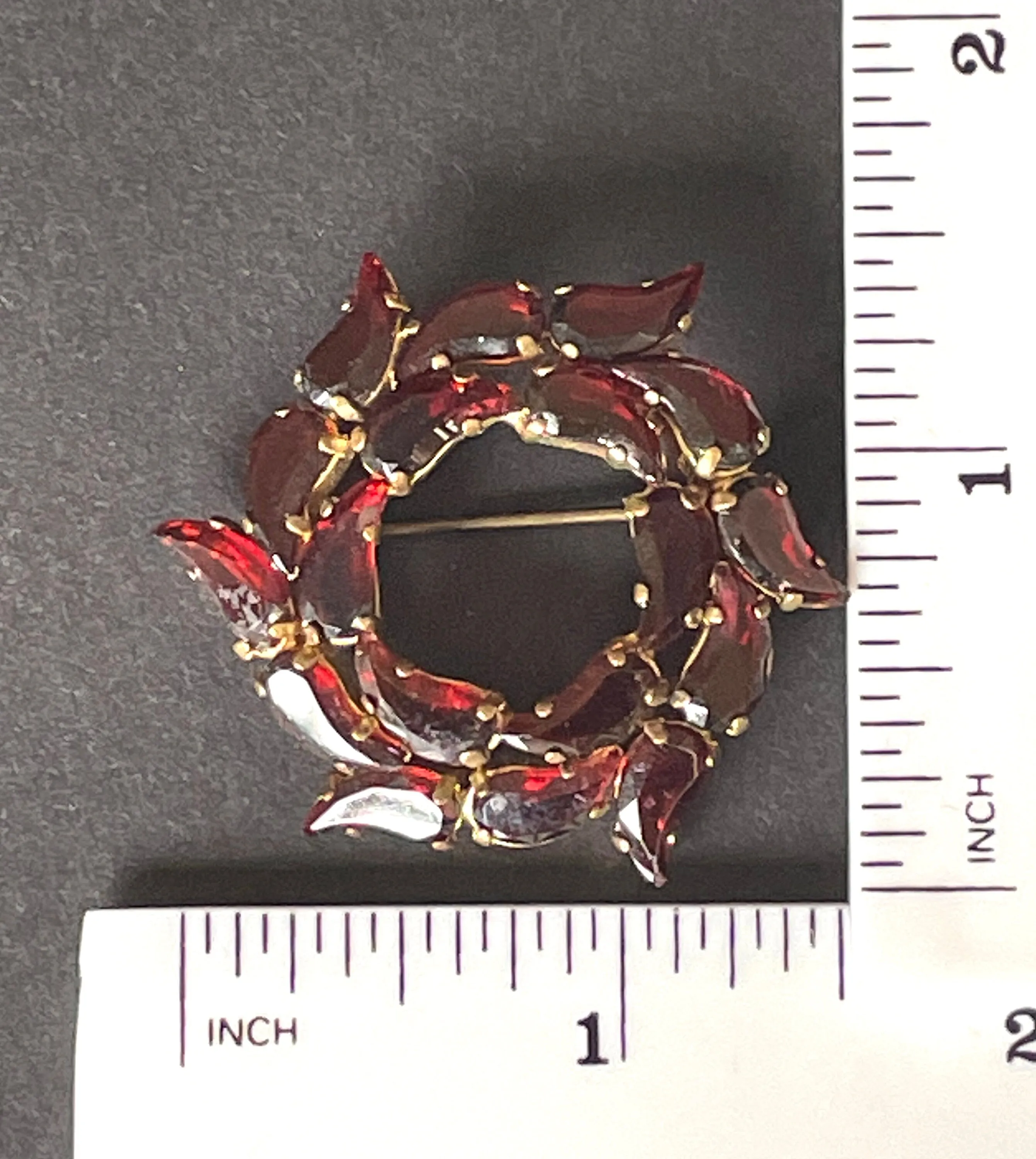 Vintage Art Deco Czech red garnet glass, unusual shaped rhinestone, open-backed, gold tone brooch pin