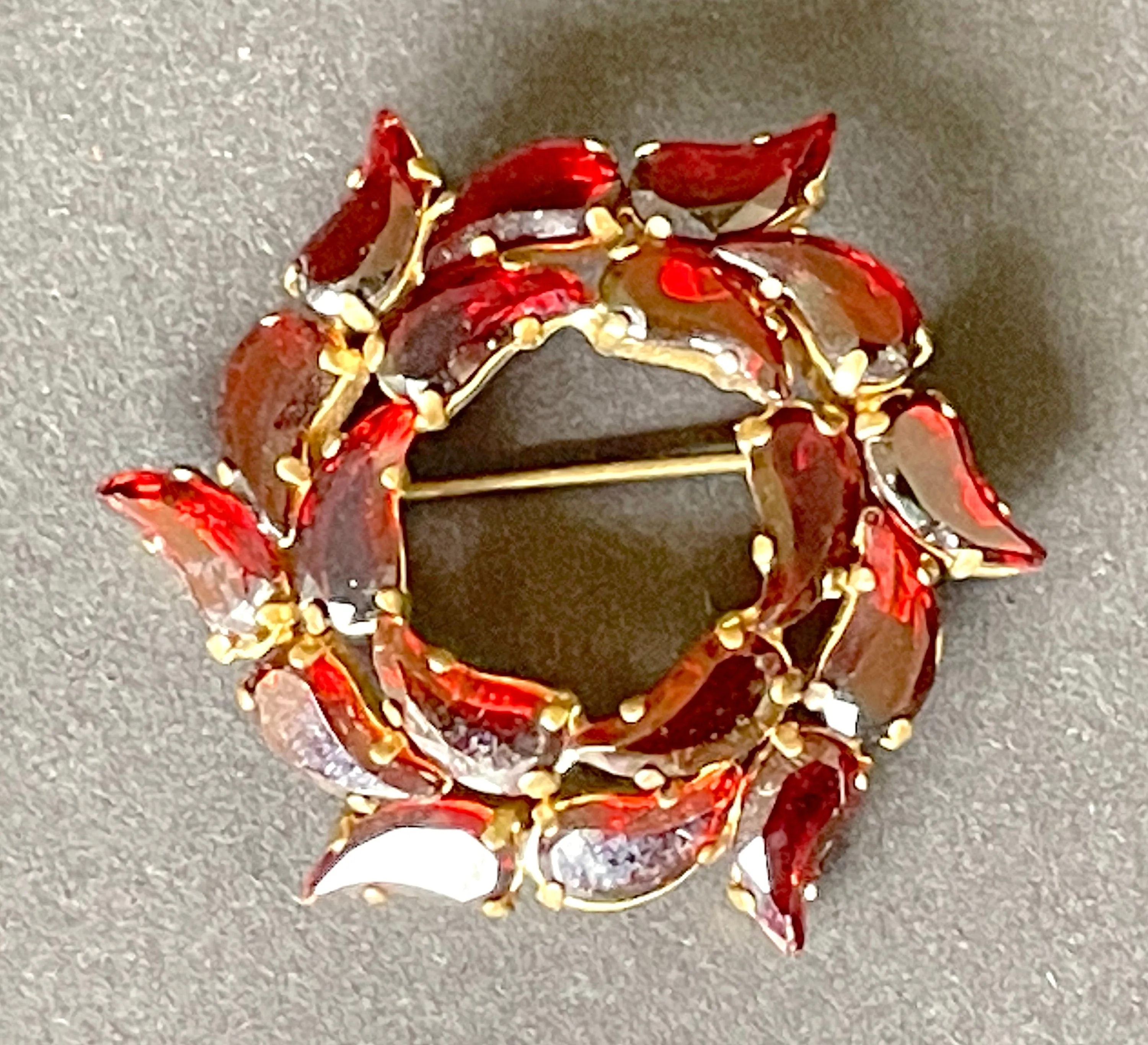 Vintage Art Deco Czech red garnet glass, unusual shaped rhinestone, open-backed, gold tone brooch pin