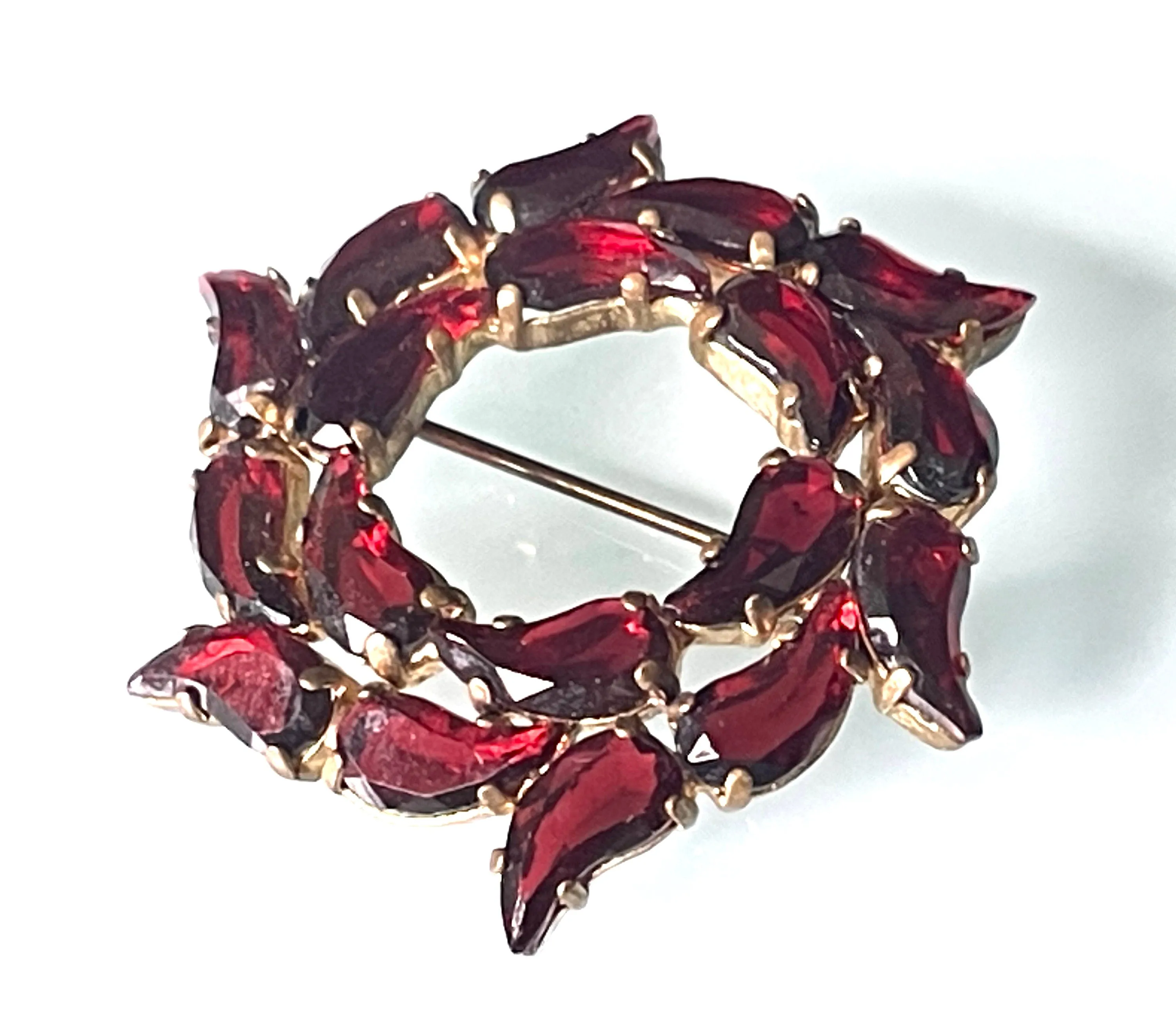 Vintage Art Deco Czech red garnet glass, unusual shaped rhinestone, open-backed, gold tone brooch pin