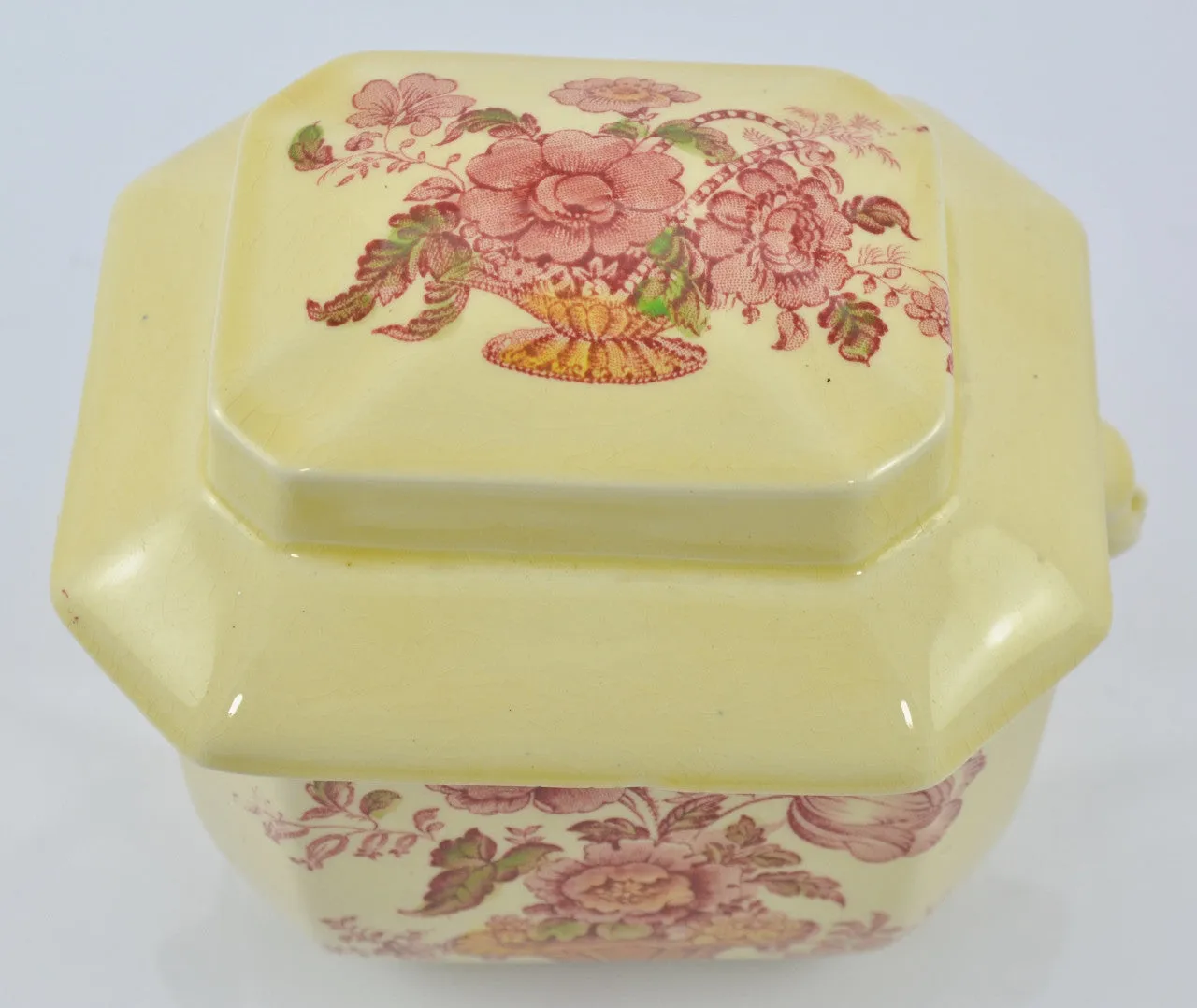 Vintage Red Polychrome Transferware Tea Caddy Figural Face Shaped Handles Lidded Jar