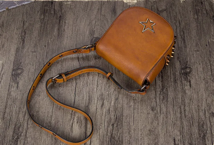 Vintage Womens Tan Leather Crossbody Saddle Bag Small Satchel Purse for Women