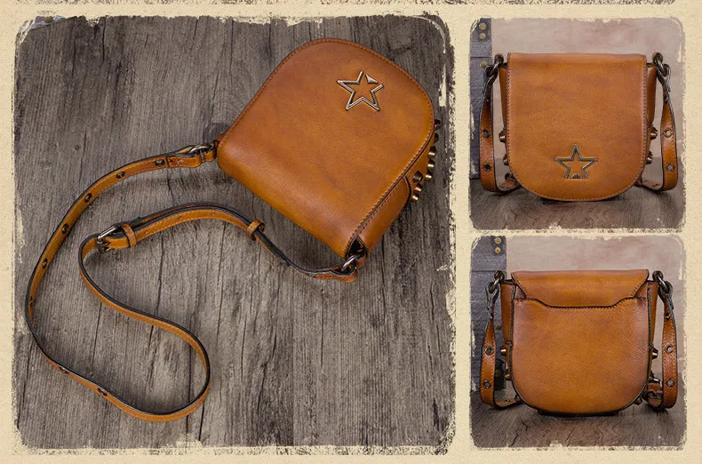 Vintage Womens Tan Leather Crossbody Saddle Bag Small Satchel Purse for Women