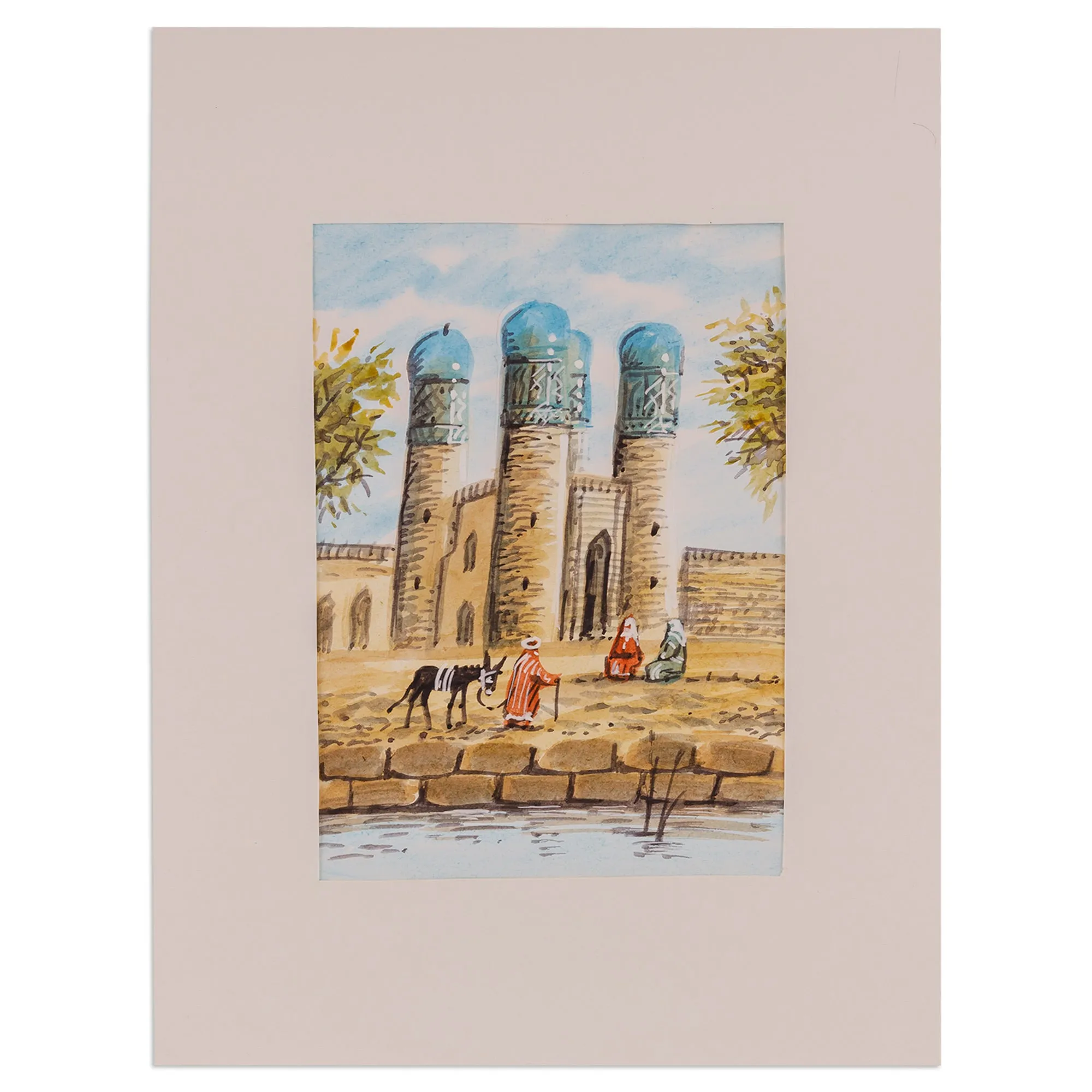 Watercolor Scene of Minaret Mosque Towers in Uzbekistan - Bukhara's Architecture IV | NOVICA