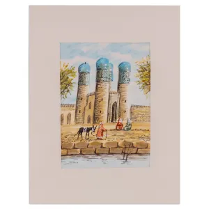 Watercolor Scene of Minaret Mosque Towers in Uzbekistan - Bukhara's Architecture IV | NOVICA