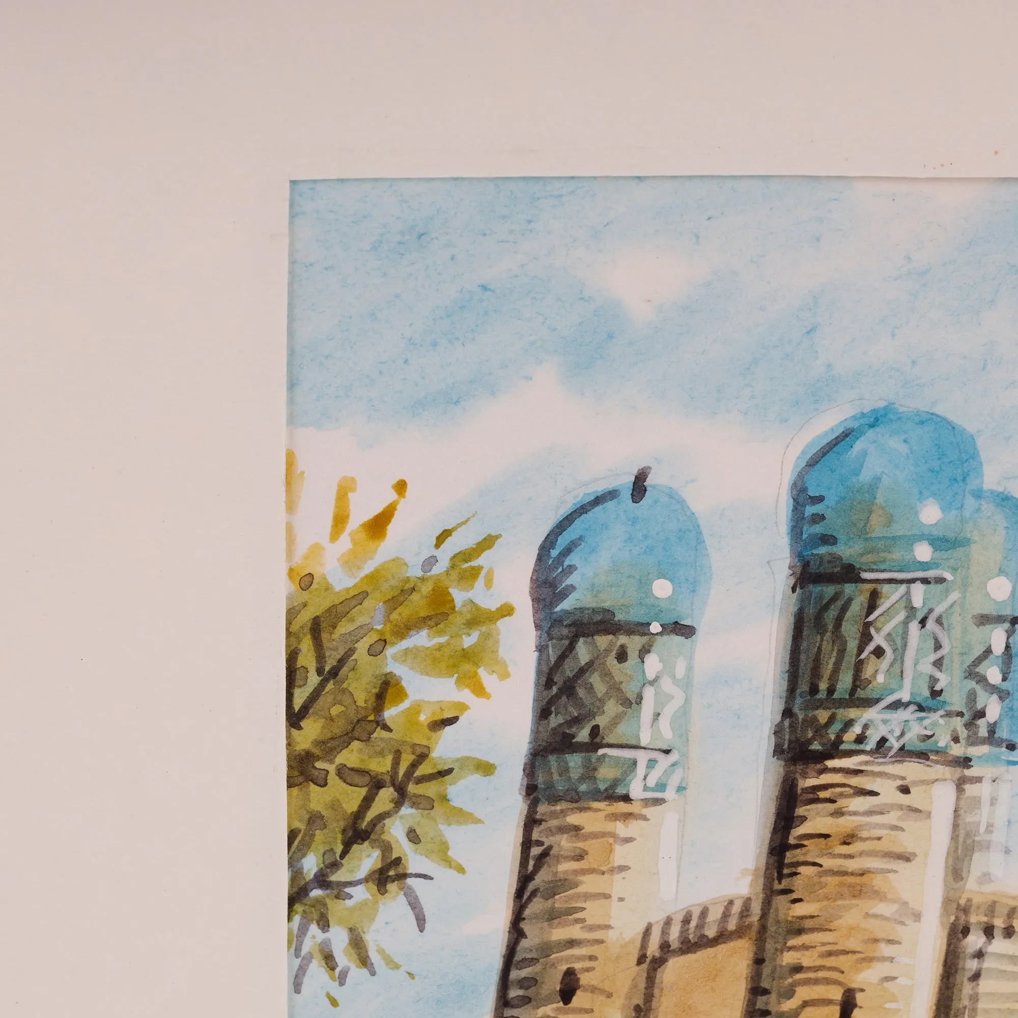 Watercolor Scene of Minaret Mosque Towers in Uzbekistan - Bukhara's Architecture IV | NOVICA