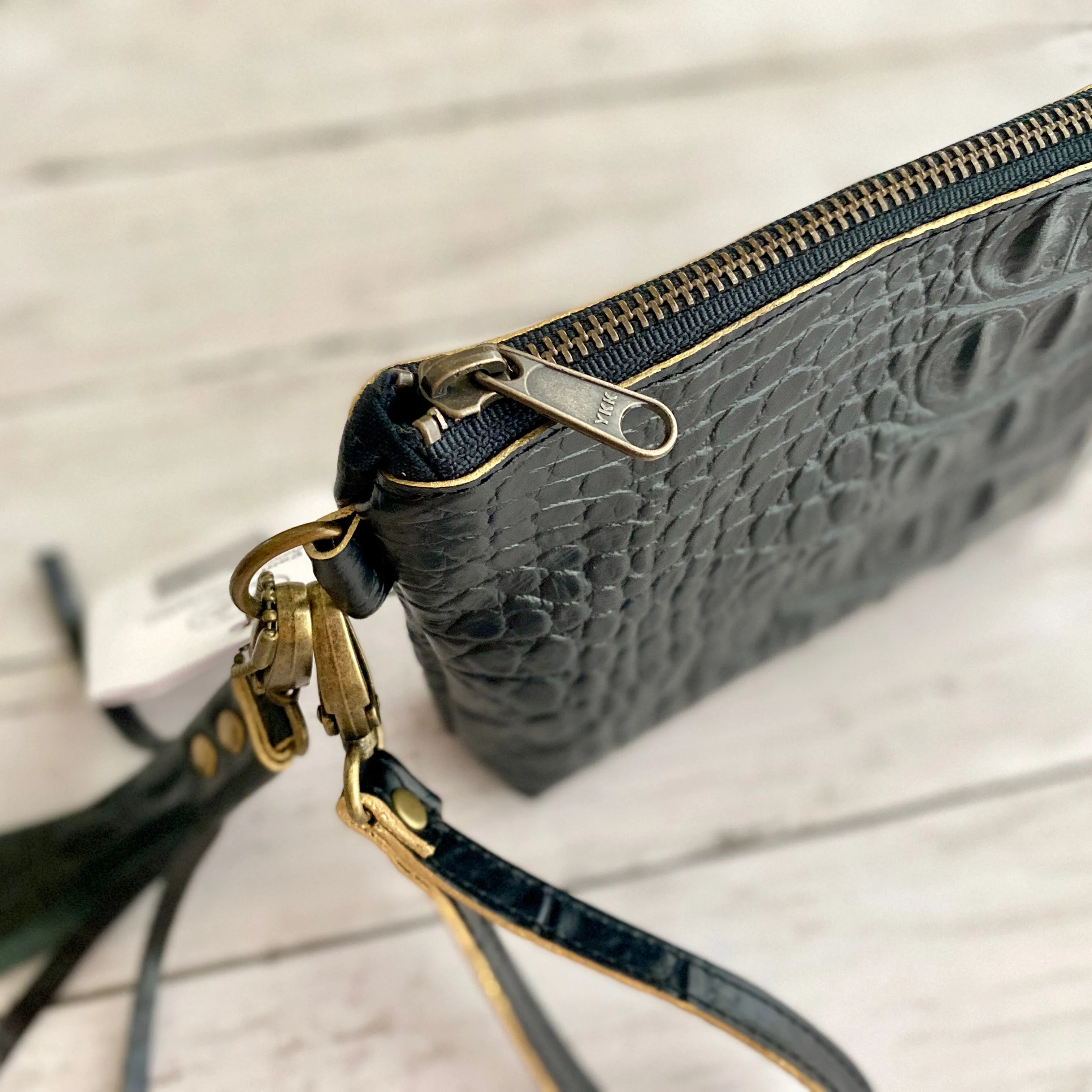 Wristlet in Black Crocodile Embossed Leather, Gold Edge