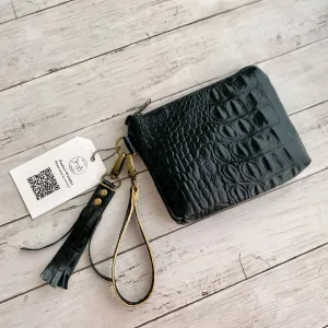 Wristlet in Black Crocodile Embossed Leather, Gold Edge