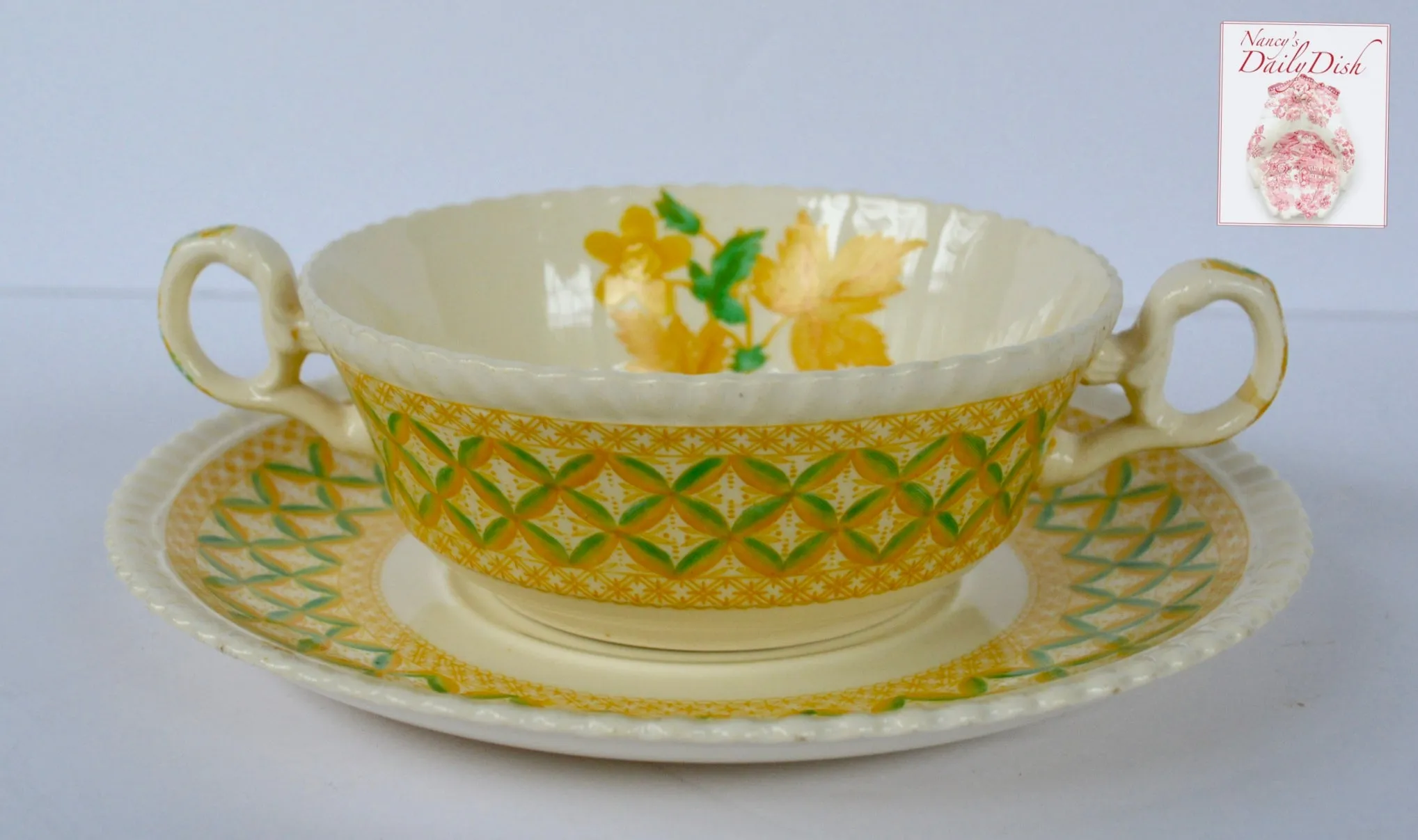 Yellow Transferware Dual Handled Cream Soup Bowl & Plate Spode Copeland Lattice and Geraniums Flowers