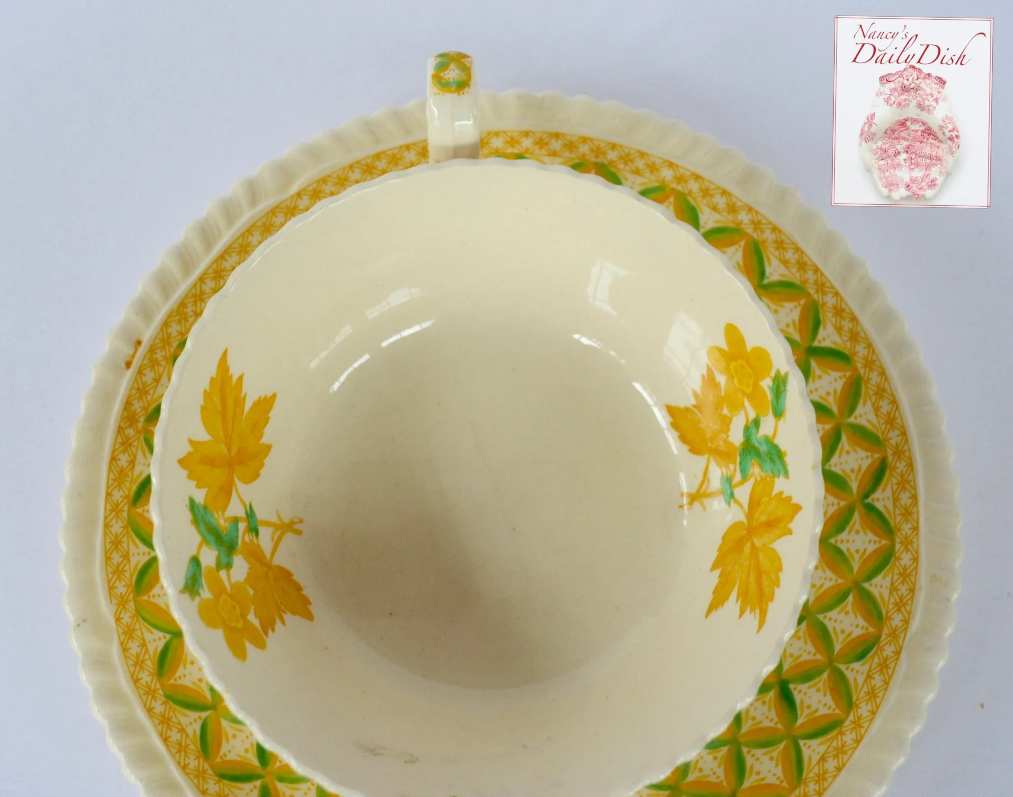 Yellow Transferware Dual Handled Cream Soup Bowl & Plate Spode Copeland Lattice and Geraniums Flowers