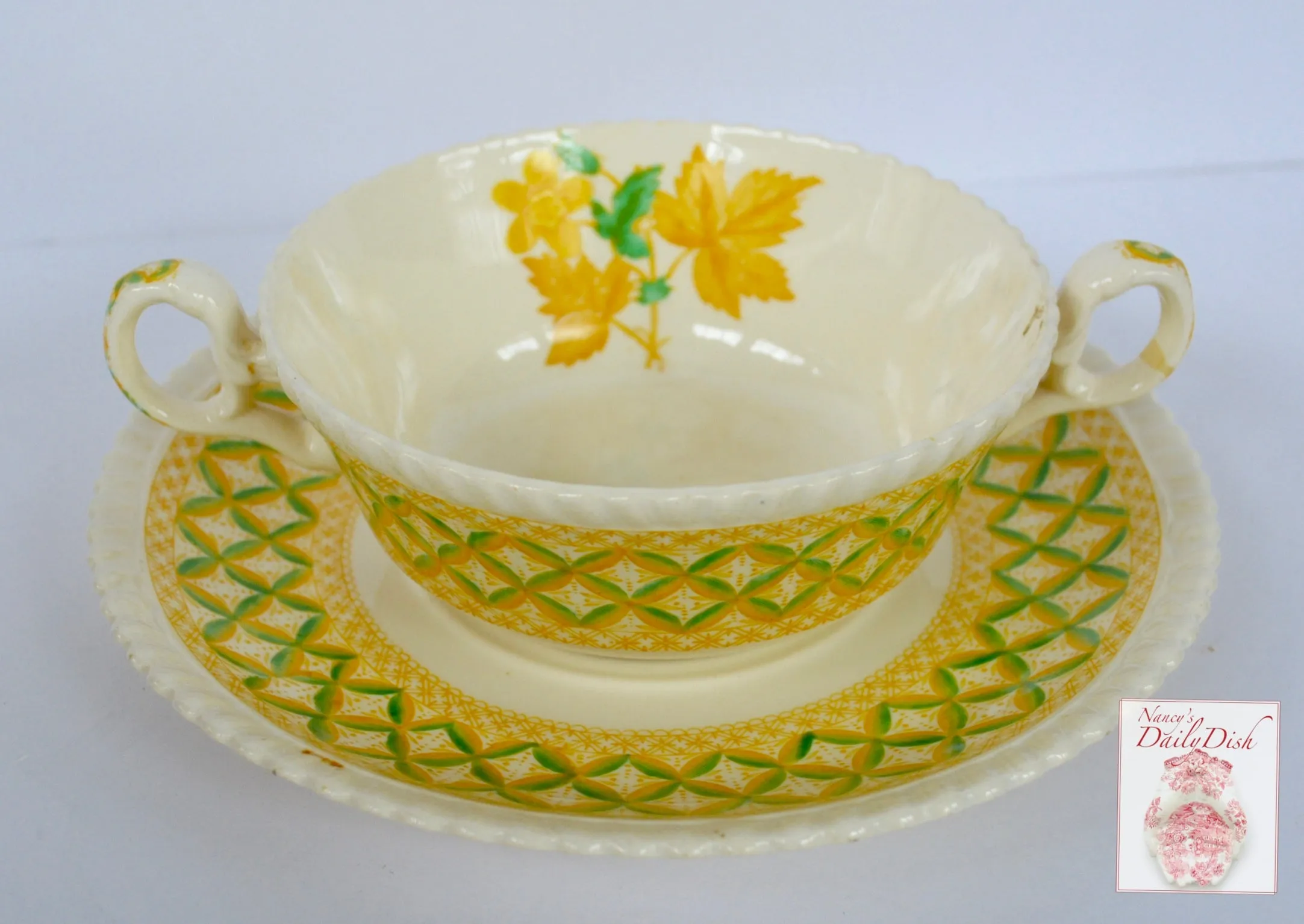 Yellow Transferware Dual Handled Cream Soup Bowl & Plate Spode Copeland Lattice and Geraniums Flowers