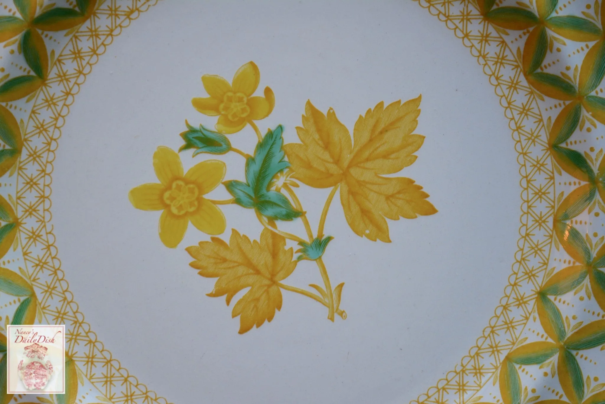 Yellow Transferware Dual Handled Cream Soup Bowl & Plate Spode Copeland Lattice and Geraniums Flowers