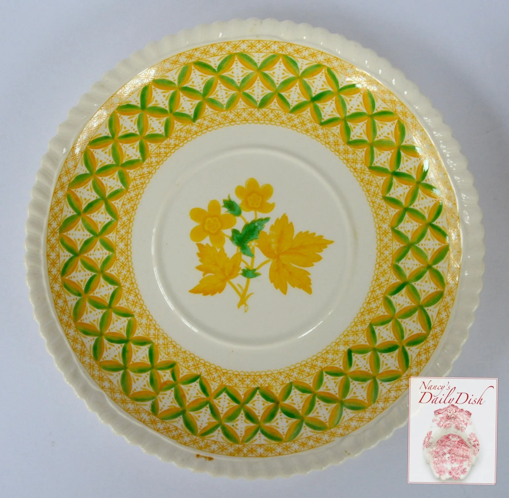 Yellow Transferware Dual Handled Cream Soup Bowl & Plate Spode Copeland Lattice and Geraniums Flowers