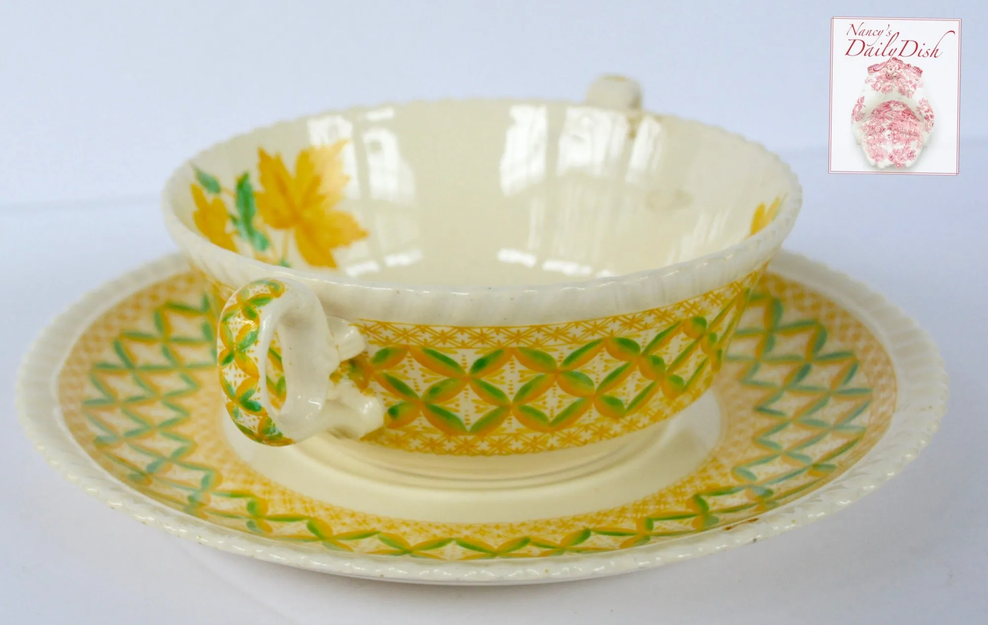 Yellow Transferware Dual Handled Cream Soup Bowl & Plate Spode Copeland Lattice and Geraniums Flowers