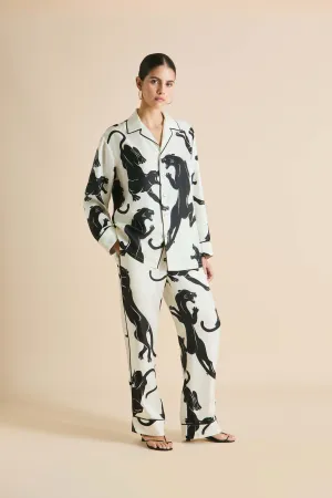 Yves Romain Ivory Panther Pajamas in Silk Twill