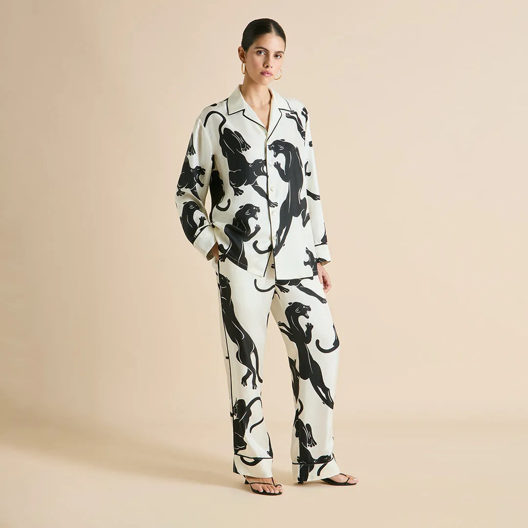 Yves Romain Ivory Panther Pajamas in Silk Twill